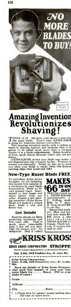 Historische Anzeige: No More Blades To Buy – Rasierklingen-Schärfer mit codiertem Antwortcoupon