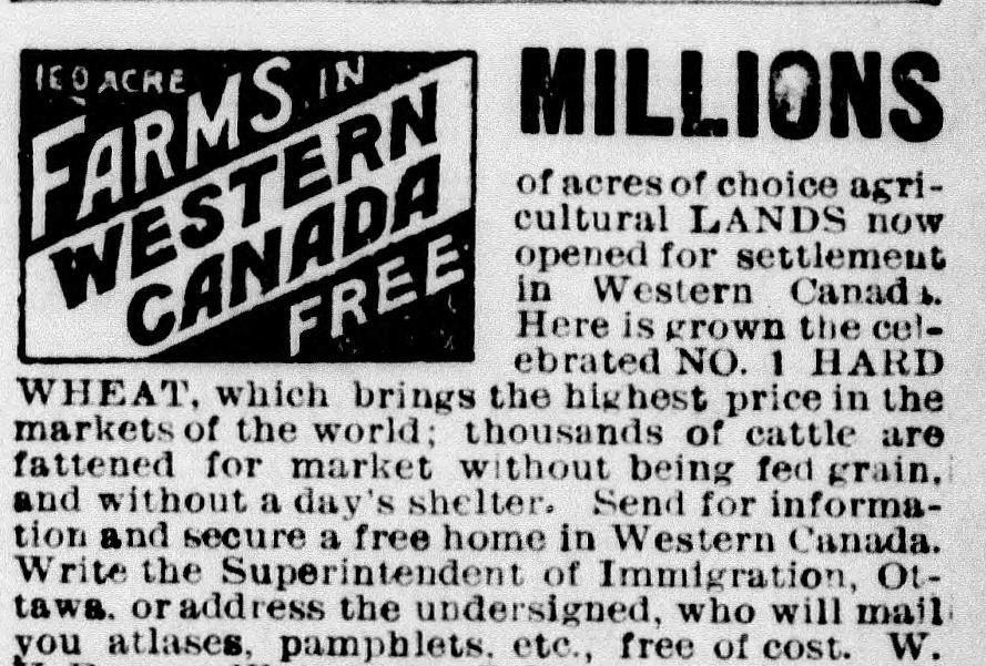 Historische Anzeige: 160 Acre Farms in Western Canada Free – mit Coupon für einen kostenlosen Katalog