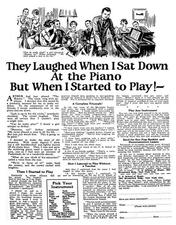 Historische Anzeige: They Laughed When I Sat Down At the Piano – mit Antwortcoupon unten rechts