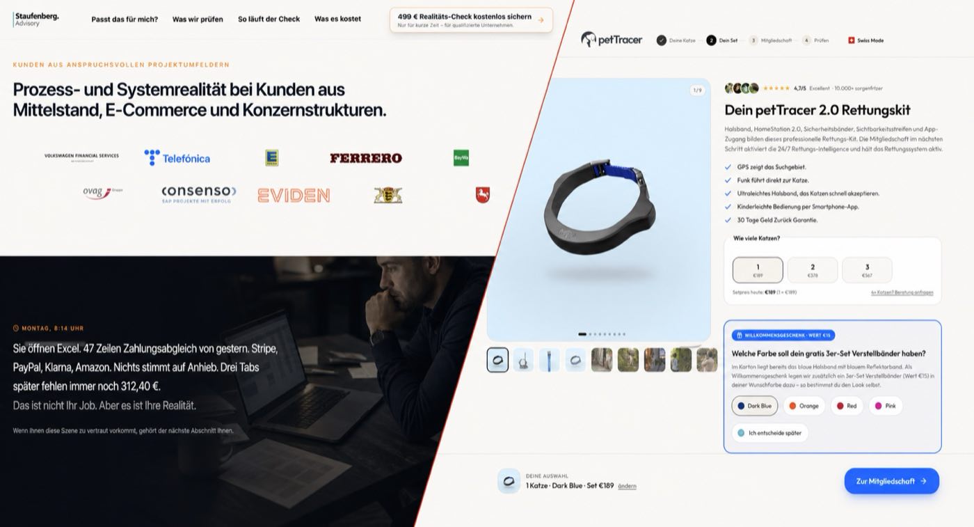 Splitscreen aus einer B2B-Leadseite und einer E-Commerce-Produktseite